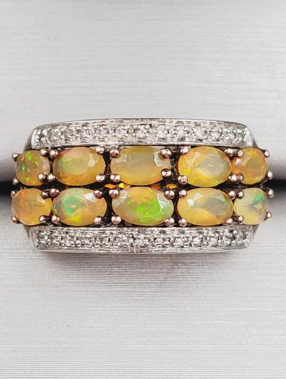 Double Row Genuine Opal Band Ring - Yellow Gold - 925 Sterling Silver